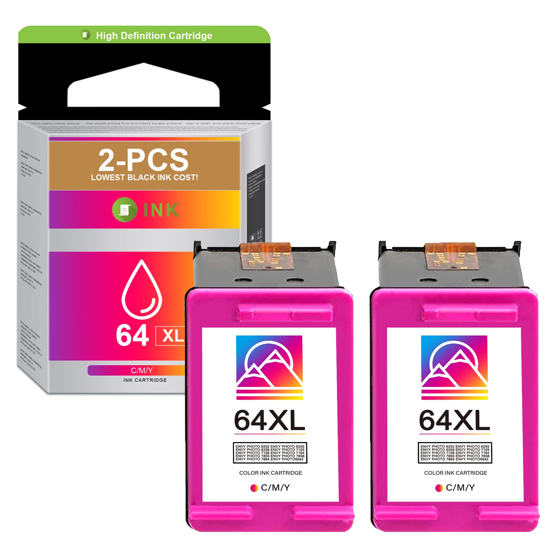 VASERINK 2-Pack High Yield Tri-Color Ink Cartridges (64XL | N9J91AN) - Compatible with HP Envy 6252, 6255, 6258, 7155, 7158, 7855, 7858 Printers - Perfect for Home Office Printing & School Projects