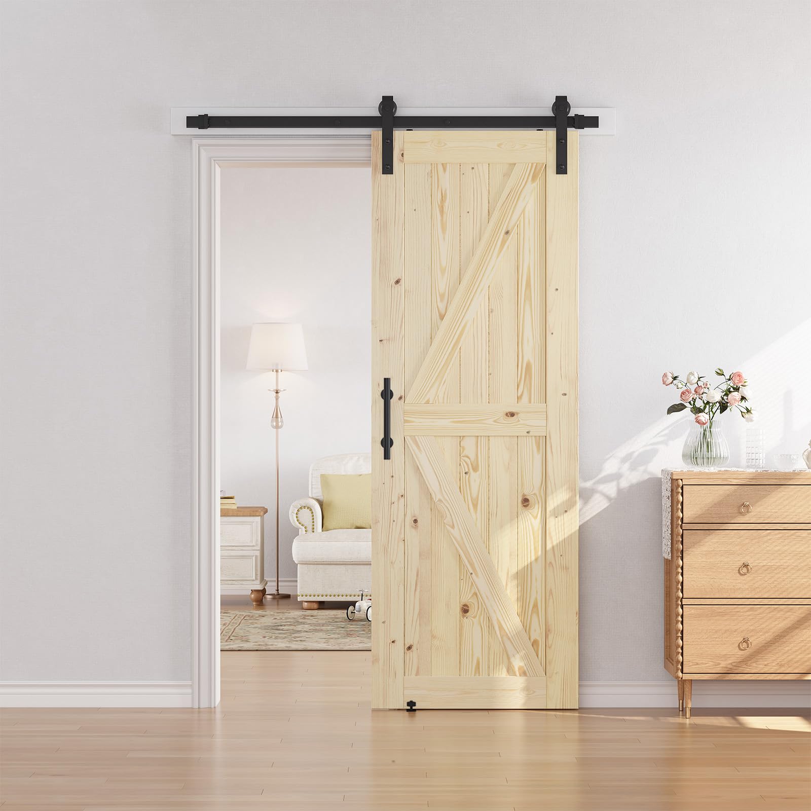 SMARTSTANDARD 30x84 Inch Solid Spruce Wood Sliding Barn Door with 5ft Hardware Kit - Unfinished, DIY, Stainable for Bedroom, Closet & Farmhouse Style Decor