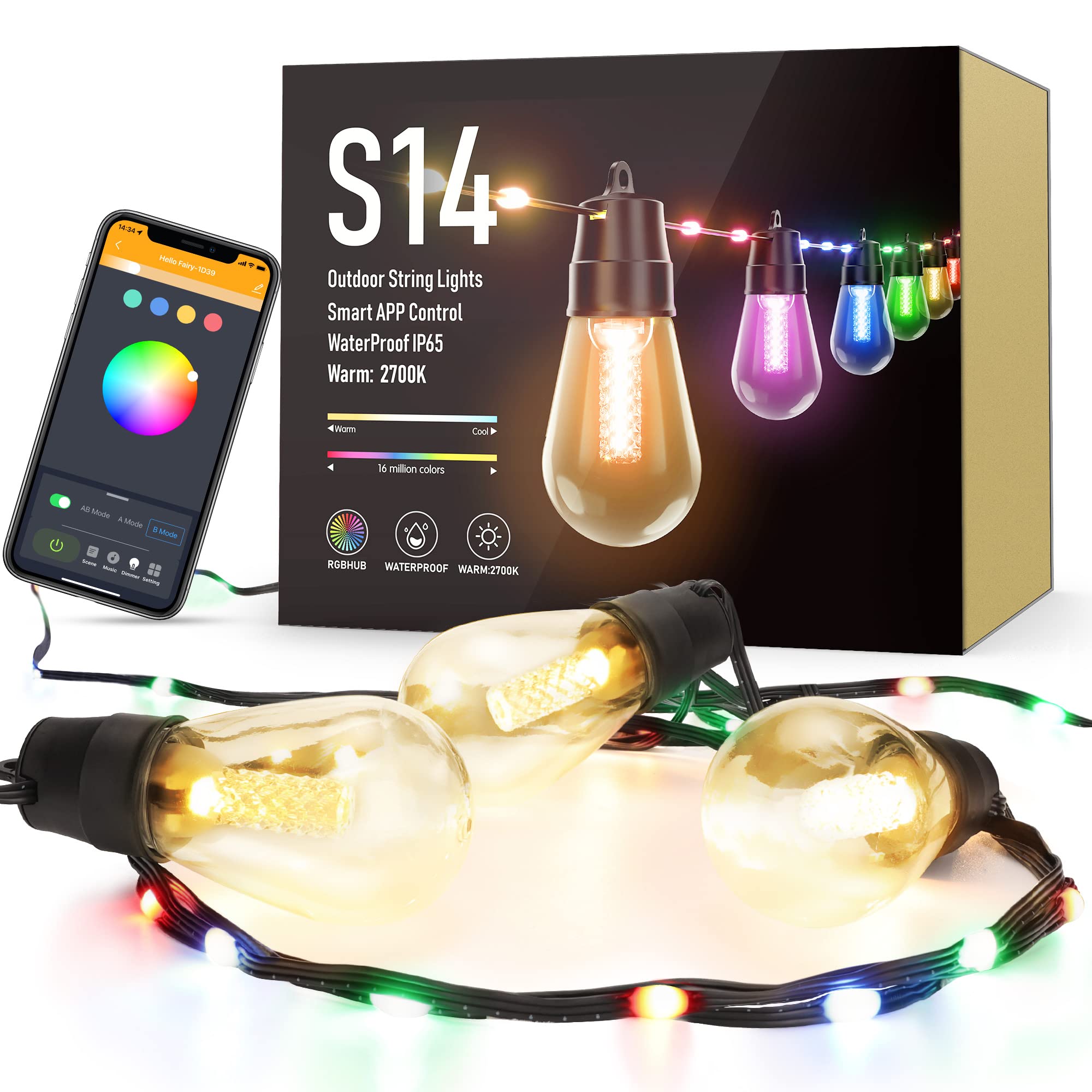 50ft Smart LED String Lights Outdoor Waterproof - RGB & Warm White Color Changing, Bluetooth APP Remote Control, Shatterproof Rope Fairy Lights for Patio, Balcony, Backyard, Party & Holiday Decorations | Perfect for Wedding, Christmas, Halloween, Garden and Landscape Lighting