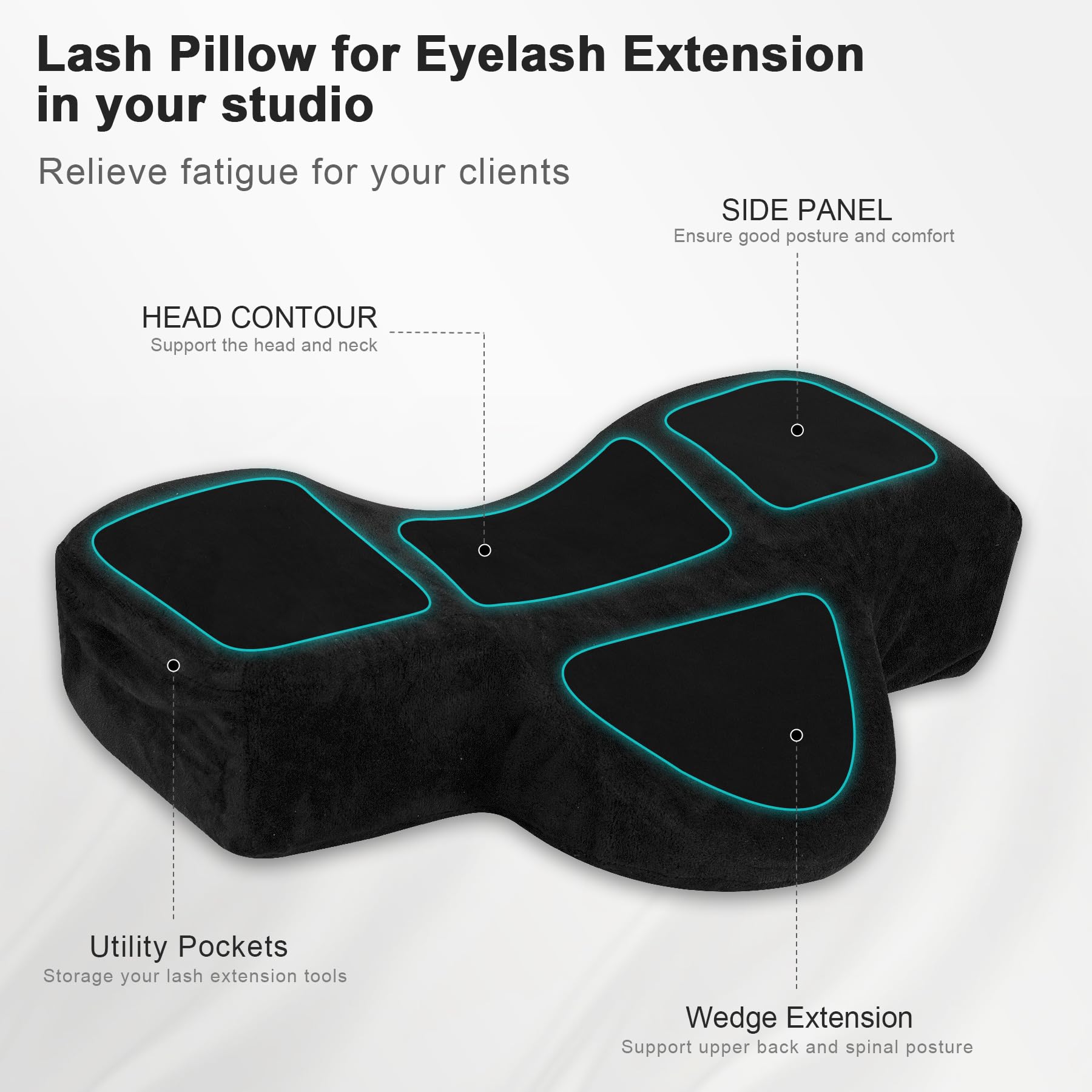 IMENE Memory Foam Lash Extension Pillow with Neck & Back Support - Ergonomic Lash Bed Pillow with Velvet Case & Organizer Pockets (Black) | Perfect for Salon Professionals & Home Lash Artists