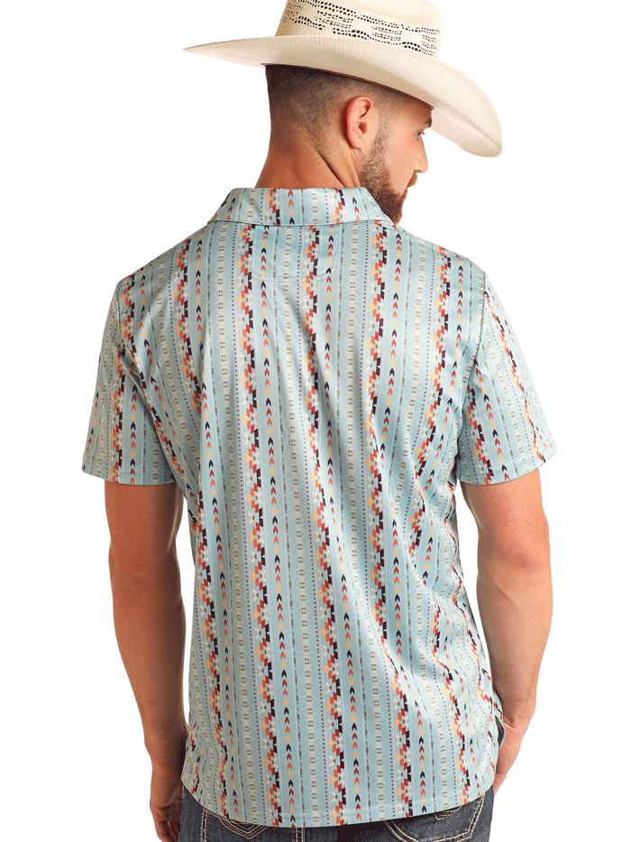 Rock & Roll Denim BM51T06005 Men's Aztec Printed Polo Shirt - Sky Blue Casual Wear for Street Style & Music Festivals