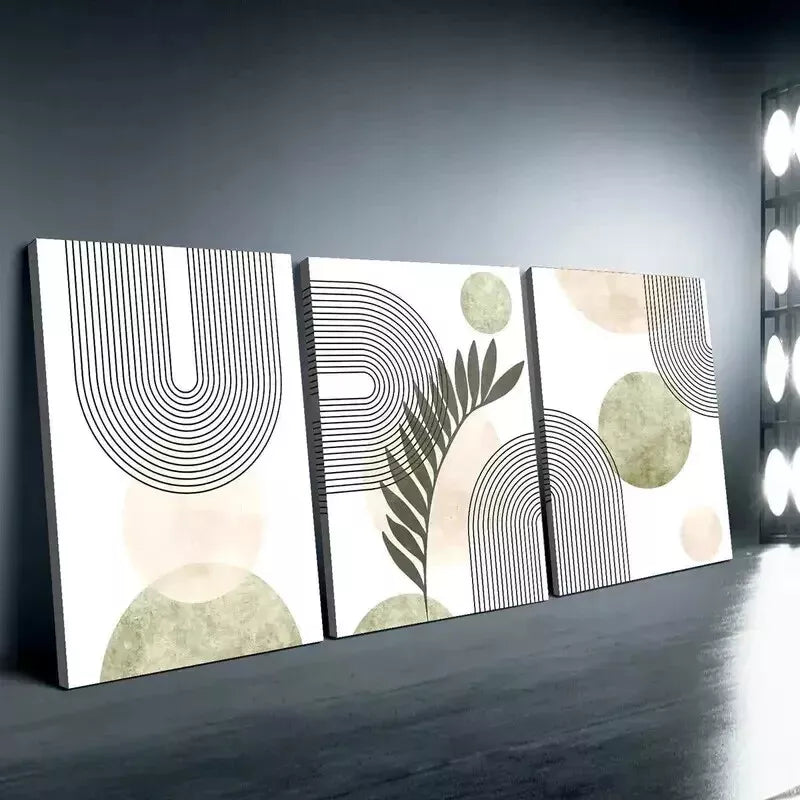 3pcs Abstract Gray Green Geometric Line Canvas Wall Art Set - 50x70cm Framed Canvas Prints - High Quality 100% Australian Made - Ready to Hang for Living Room, Bedroom & Office Decor