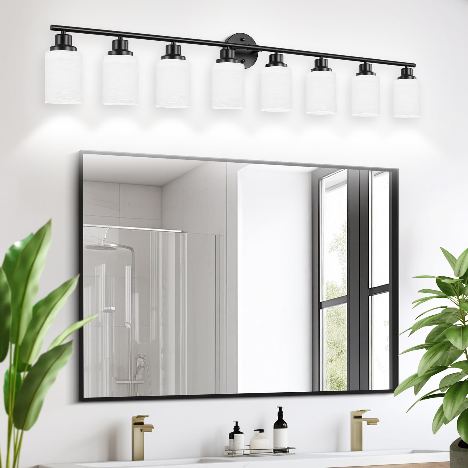 8-Light Modern Bathroom Vanity Fixture - Matte Black Wall Sconce with Milky White Frosted Glass Shades for Bathroom & Bedroom Lighting | Perfect for Vanity Mirror, Makeup Area and Dressing Room Illumination