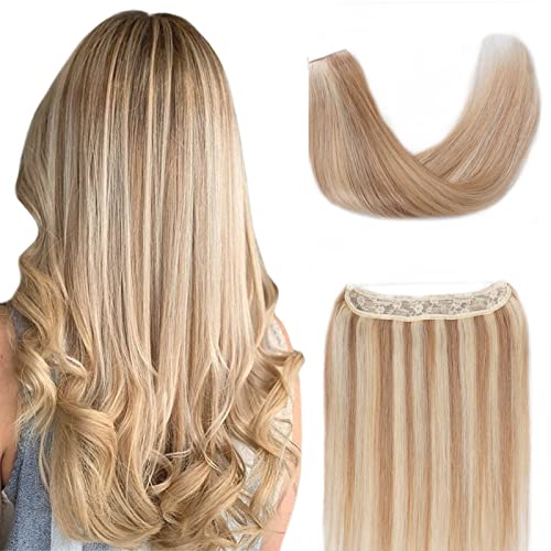 Tinashe Real Human Hair Extensions 12 Inch Straight - 70g Light Blonde & Golden Blonde Highlighted Wire Hair Extensions with Invisible Fish Line (#16/613) | Perfect for Daily Styling, Parties & Special Occasions