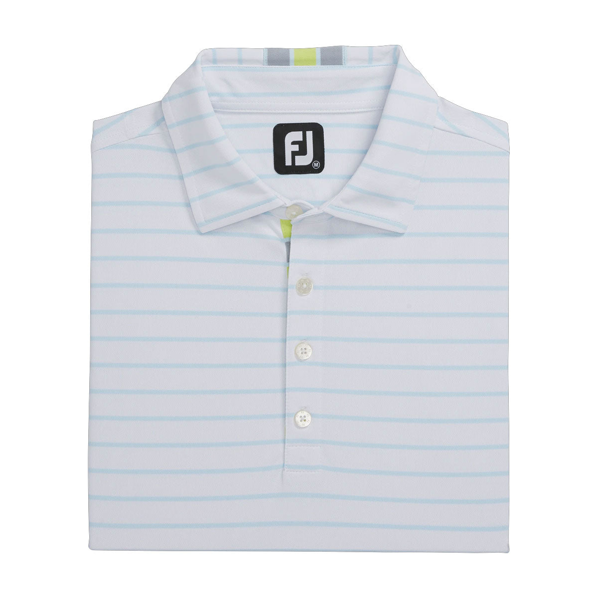 FootJoy Men's Pique Mixed Stripe Self-Collar Golf Polo Shirt - White Ice Blue - Moisture-Wicking & UV Protection for Golf & Casual Wear