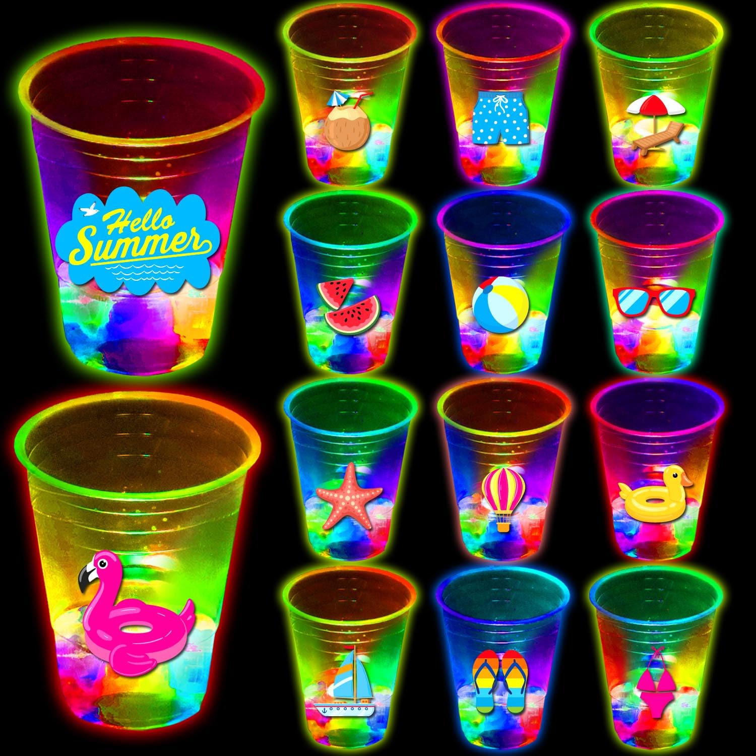 24 Pcs Fun Beach Party Decorations - Glow Theme Cups, Summer Pool Birthday Party Supplies, Tiki Bar Drinkware for Day & Night (16 oz, 24 Patterns) - Perfect for Luau, Pool Parties & Summer Celebrations