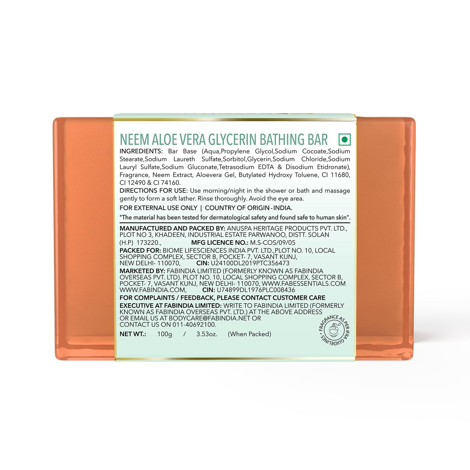 Fabessentials Neem Aloe Vera Glycerin Soap Bar - 100gm | Natural Vegan Bath Soap for Cleansing, Nourishing & Moisturizing Skin | Toxin-Free, Chemical-Free | Perfect for Daily Skincare Routine, Sensitive Skin & Eco-Friendly Bathing