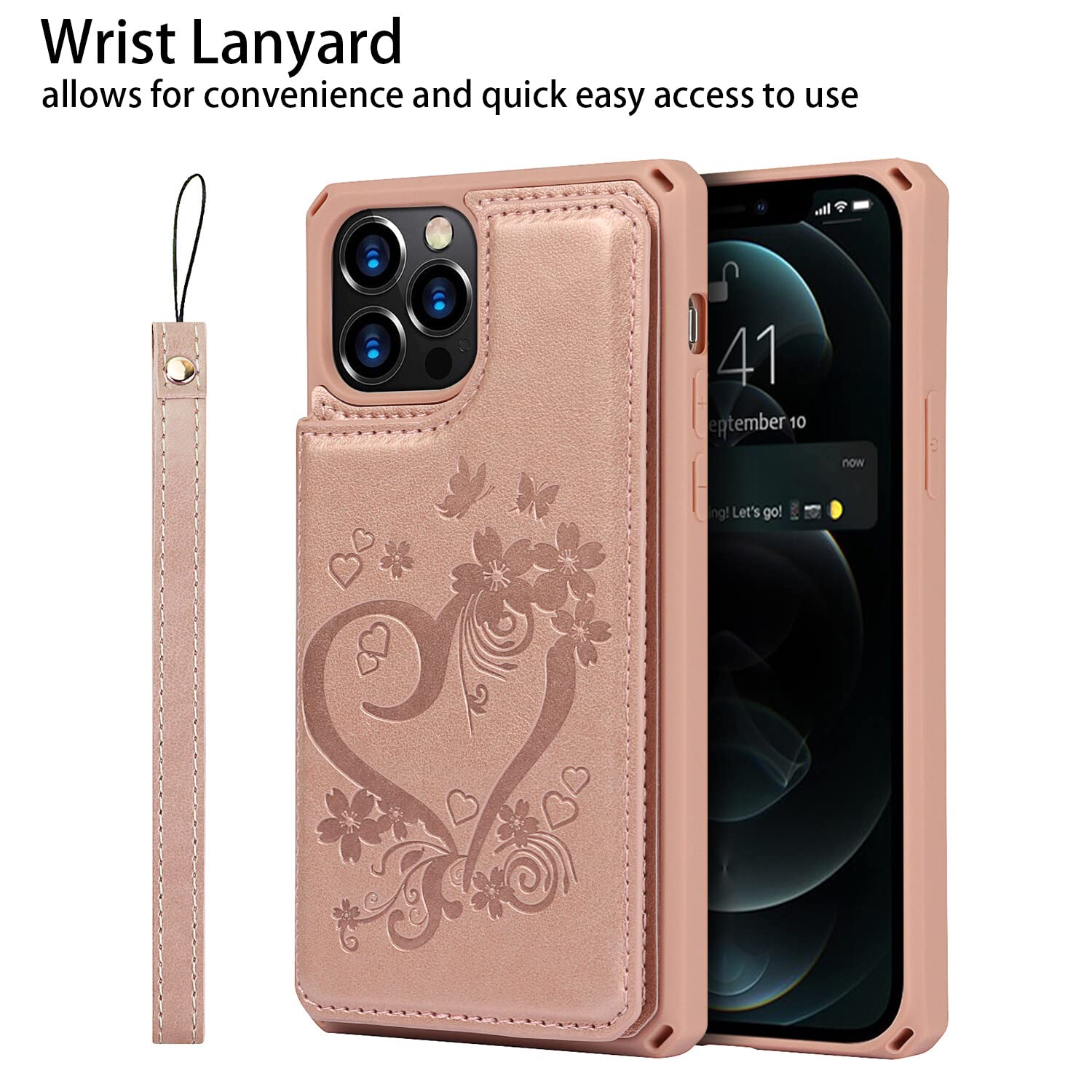 Premium Leather Wallet Case for iPhone 12/12 Pro - Shockproof Protective Cover with Card Holder, Stand & Wrist Strap (Rose Gold) | Perfect for Business, Travel & Everyday Use