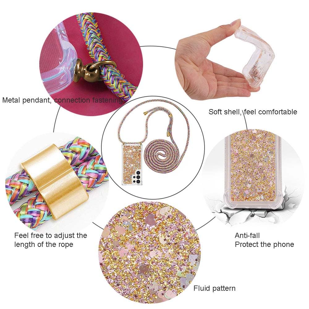 YuhooTech Glitter Quicksands Phone Case for Samsung Galaxy S24 Ultra with Neck Strap - Stylish Protective Cover with Lanyard for Everyday Use, Travel & Outdoor Activities