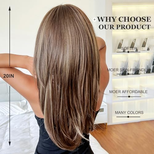 Long Straight Curtain Bangs Mixed Brown Wig for Women - Natural Looking Synthetic Hair for Daily Wear & Cosplay