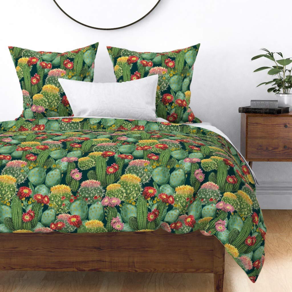 Custom Printed Spoonflower Cotton Sateen Duvet Cover King/California King Size - Cactus & Tropical Floral Watercolor Botanical Design in Green & Red | Perfect for Summer Bedroom Decor & Boho Chic Home Styling
