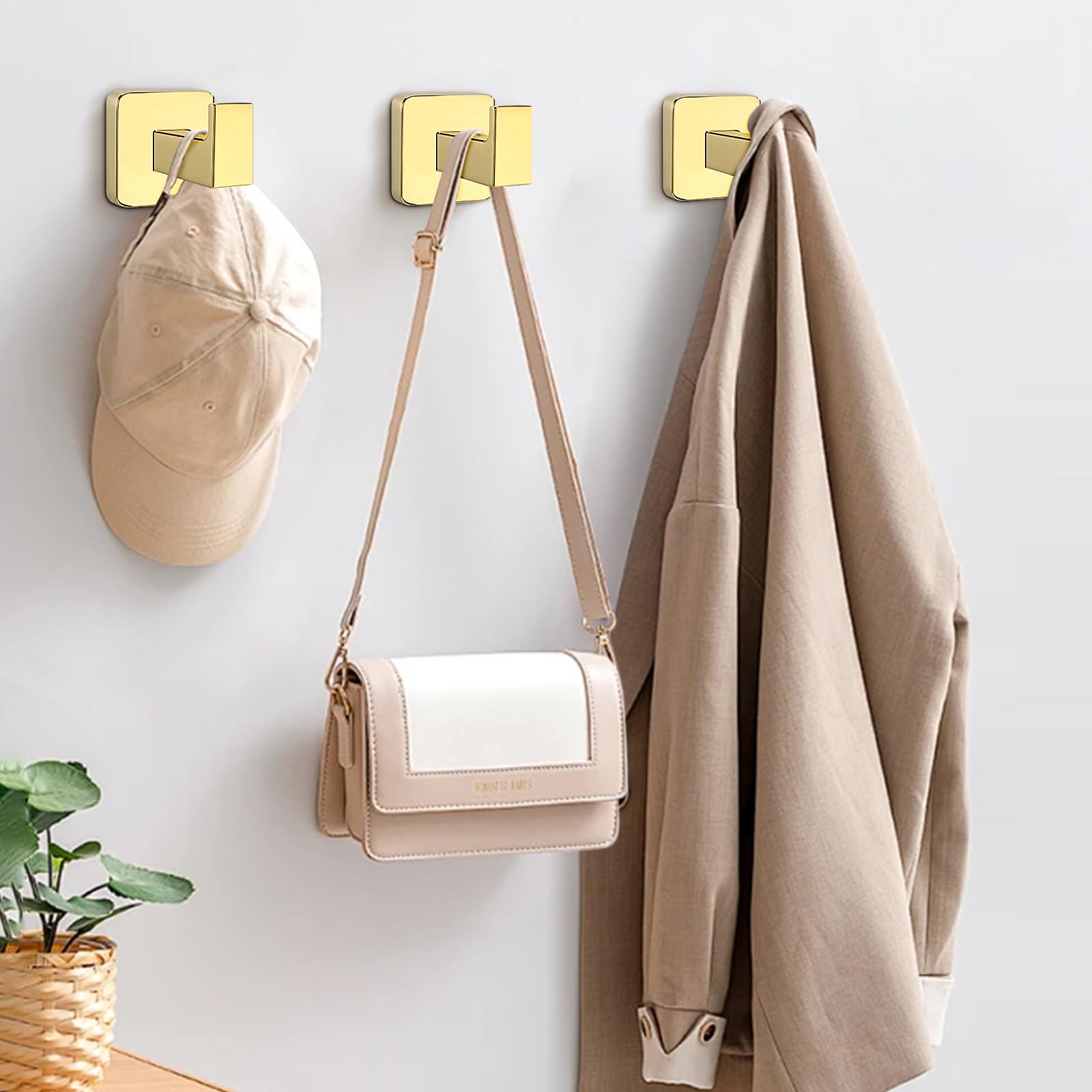NearMoon Heavy Duty SUS304 Stainless Steel Square Bath Towel Hooks (3 Pack, Chrome Gold) - Wall Mounted Robe & Coat Hangers for Bathroom, Living Room, Hotel, Kitchen & Garage - Perfect for Organizing Towels, Robes and Outerwear in Any Space
