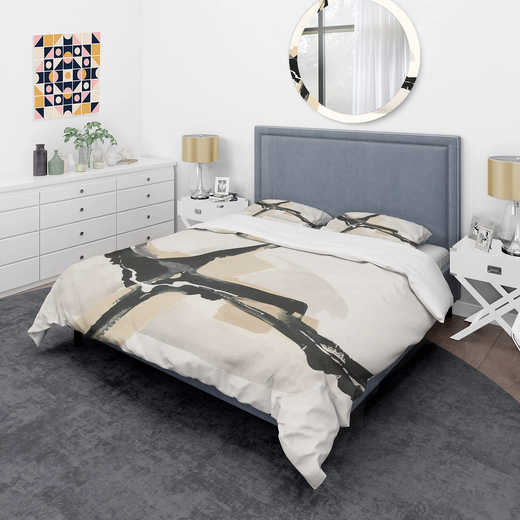 Creamy Tan Form II Modern & Contemporary Duvet Cover Set - Queen Size Black Abstract Bedding (3-Piece) | All-Season Luxury Bedding for Master Bedroom & Guest Room Decor