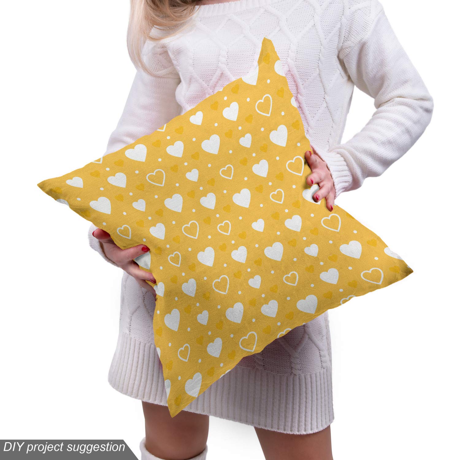 Ambesonne Yellow Fabric by The Yard - Heart Pattern for Upholstery & Home Decor