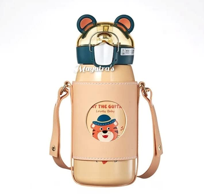 Mayatra's Cartoon Insulated Water Bottle for Kids - 550ml Stainless Steel Thermos with Straw, Double Wall Vacuum Insulation for Hot & Cold Drinks - Perfect for School, Travel and Outdoor Activities (Orange)