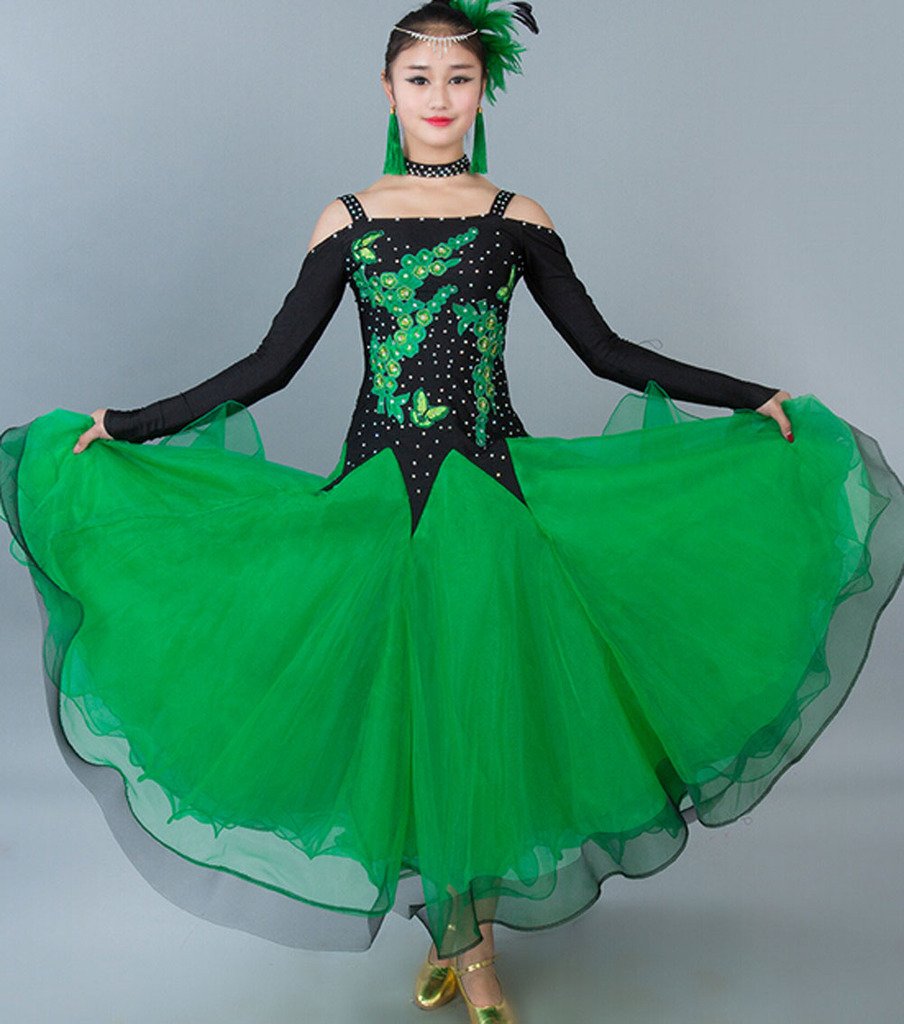 Elegant Women's Modern Waltz Tango Smooth Ballroom Dance Dress - Standard Competition Dress in Green (Size L) | Perfect for Ballroom Dancing, Latin Dance, Performances & Social Events
