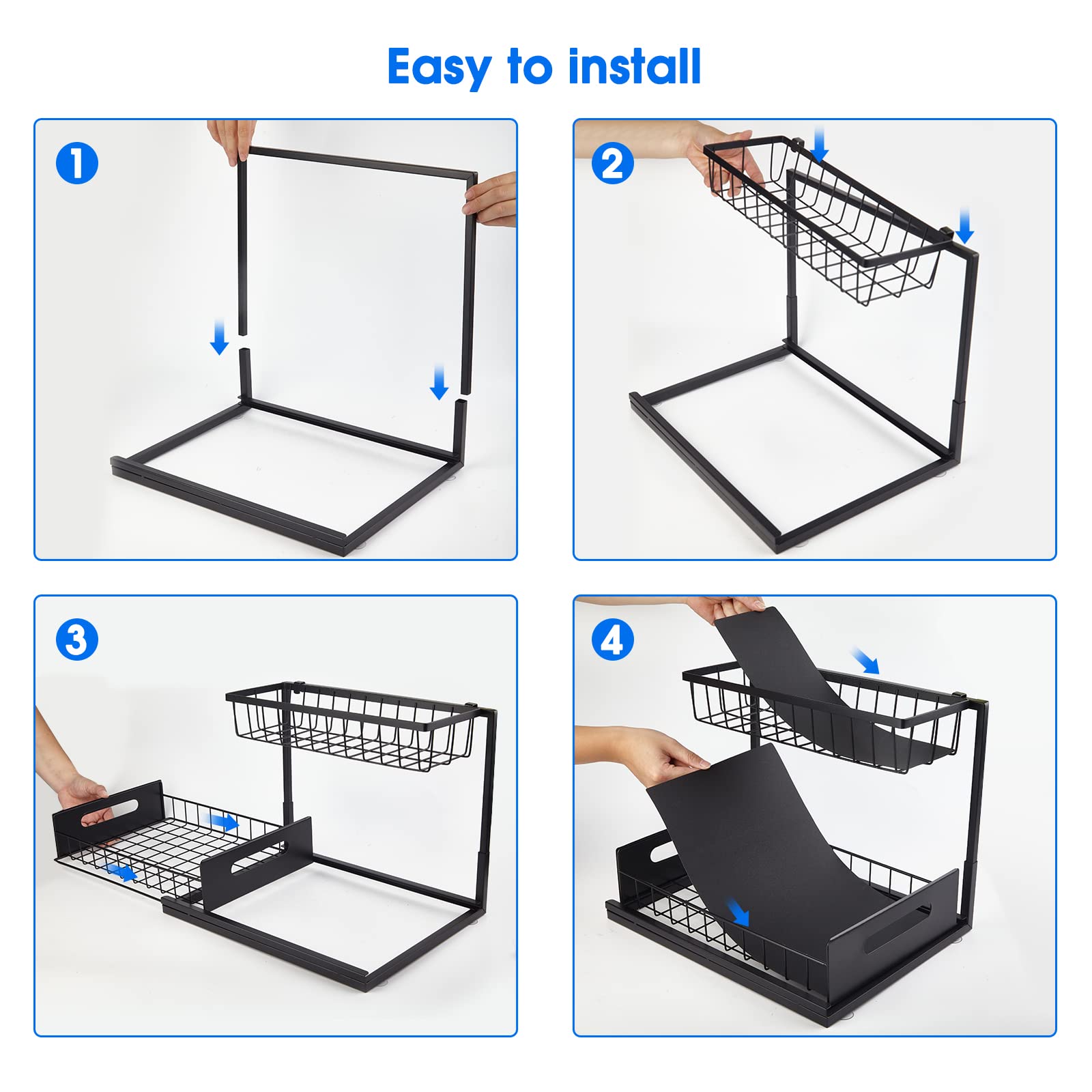 2-Tier Sliding Cabinet Basket Organizer - Under Sink Storage Drawer for Kitchen & Bathroom | Pull-Out Organizer for Sponges, Cleaners & Toiletries | Space-Saving Black Shelf (Perfect for Small Spaces & Clutter Control)