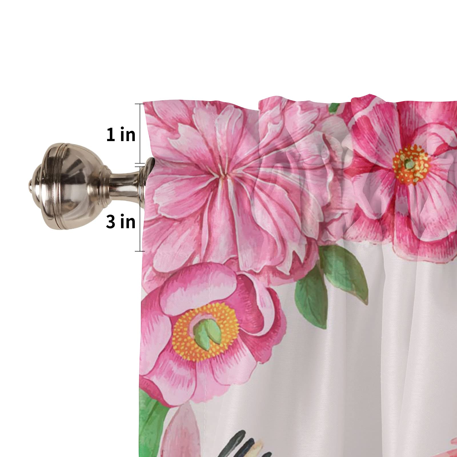 Thermal Insulating Animal Print Kitchen Curtains Set of 2 Panels - 27.5x24 Inch Rod Pocket Cafe Curtains with Pink Flowers & Flamingos Design for Bathroom, Kitchen Window - Perfect for Cozy Home Decor & Sun Protection