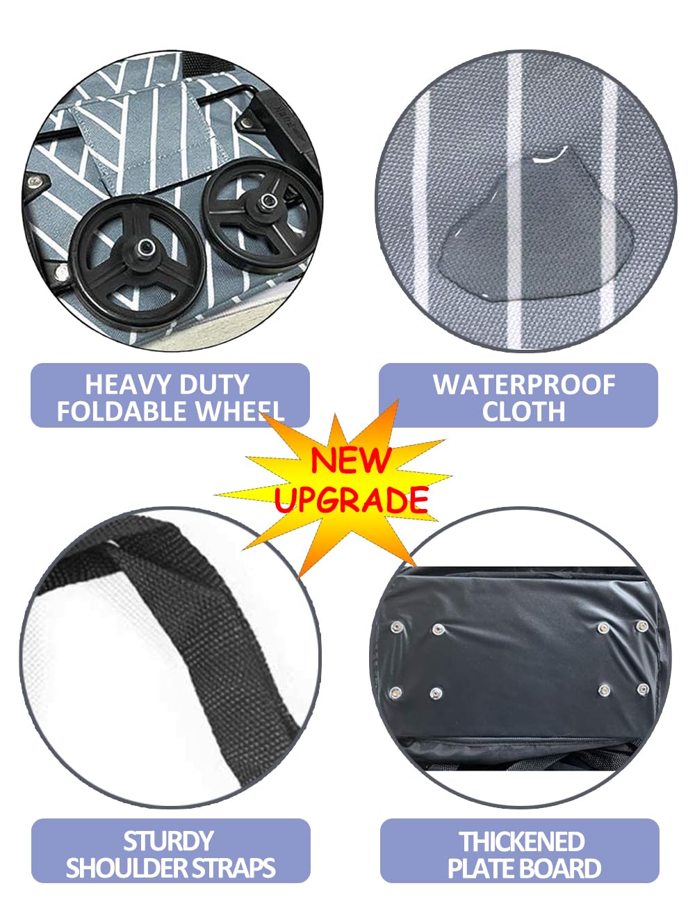 Foldable Grocery Cart with Wheels - Grey Stripe for Shopping & Market Use