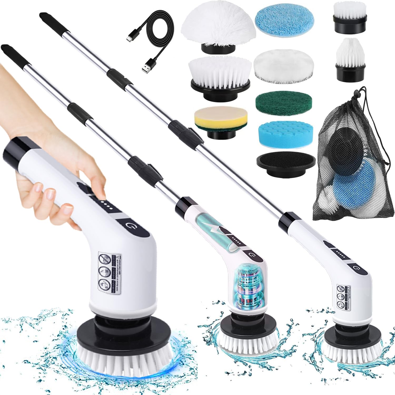 Electric Spin Scrubber - Cordless Cleaning Brush with 9 Replaceable Brush Heads, 2 Speed Settings & Adjustable Handle | Powerful Shower, Bathroom & Kitchen Cleaner for Tile, Grout & Hard Surfaces | 2024 Upgrade Model for Deep Cleaning