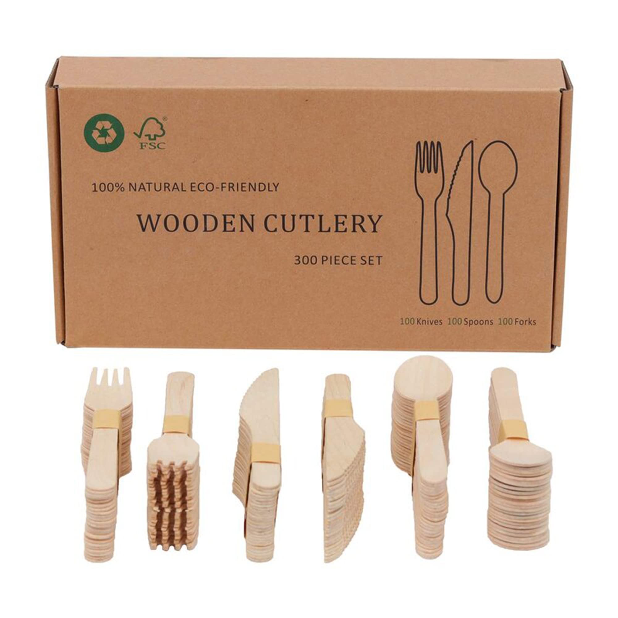 300-Piece Eco-Friendly Wooden Cutlery Set - 100 Forks, 100 Knives & 100 Spoons | Biodegradable Disposable Utensils for Parties, Picnics & Catering Events | Perfect for 100 Guests