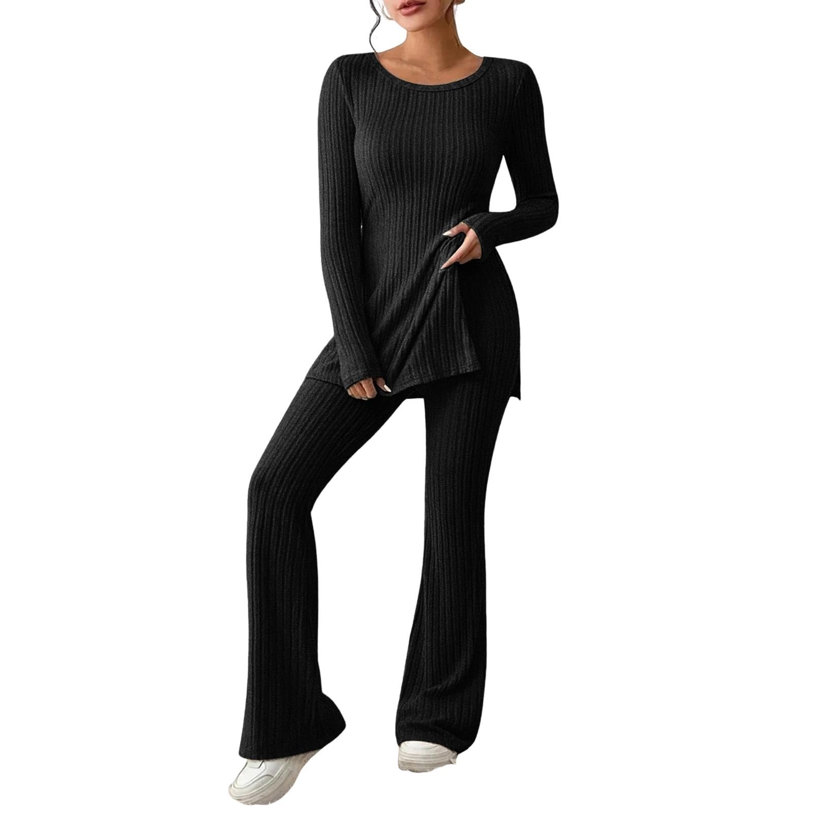 Women's Matching Knit Two-Piece Outfit - Crew Neck Slit Hem Tee & Pants Set | Casual Lounge Wear, Street Style Fashion, Date Night Outfits for Women