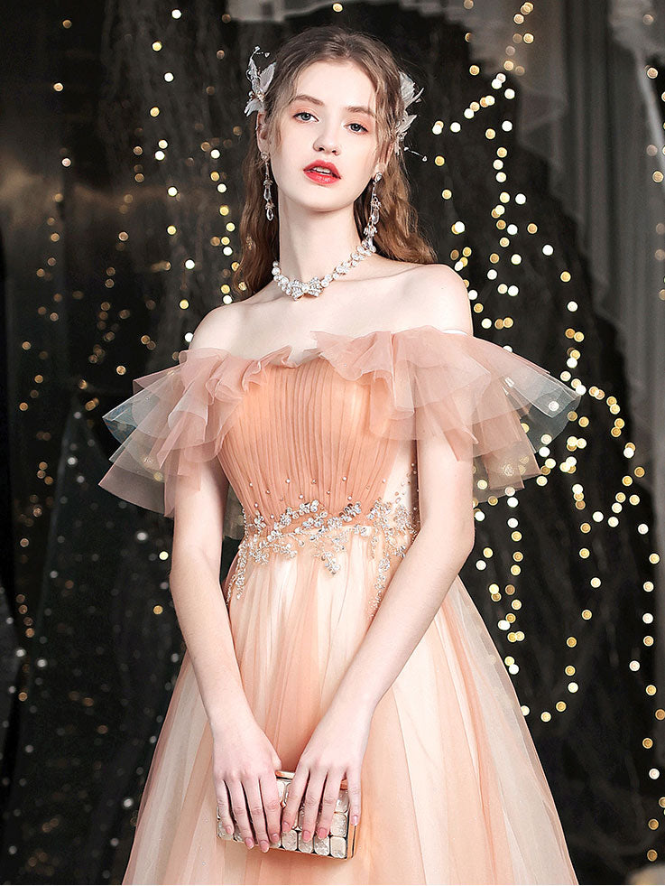 Elegant Champagne Sweetheart Neck Tulle Long Prom Dress - Formal Evening Gown for Homecoming, Wedding, Quinceañera & Special Occasions