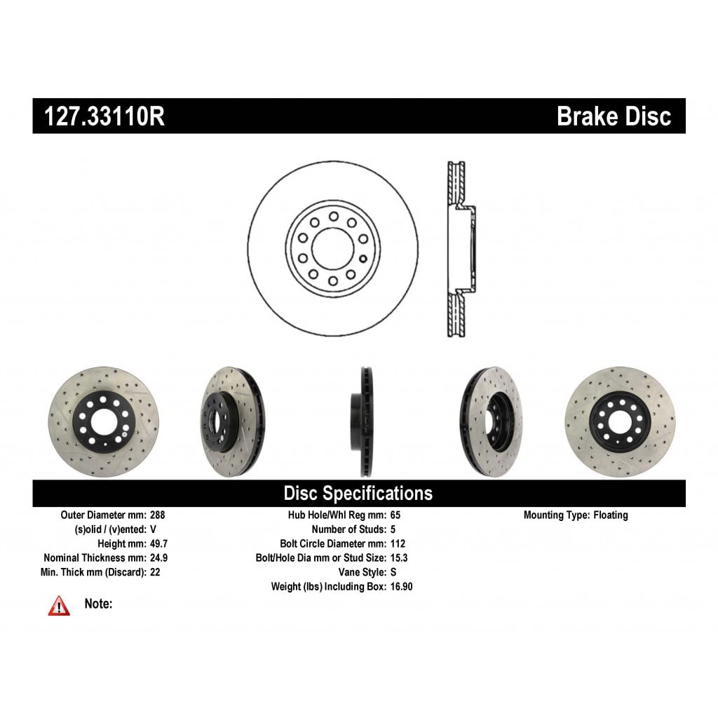 StopTech Slotted & Drilled Sport Brake Rotor for Volkswagen Golf 2010-2020 | 127.33110R | High-Performance Braking for Track & Street Use