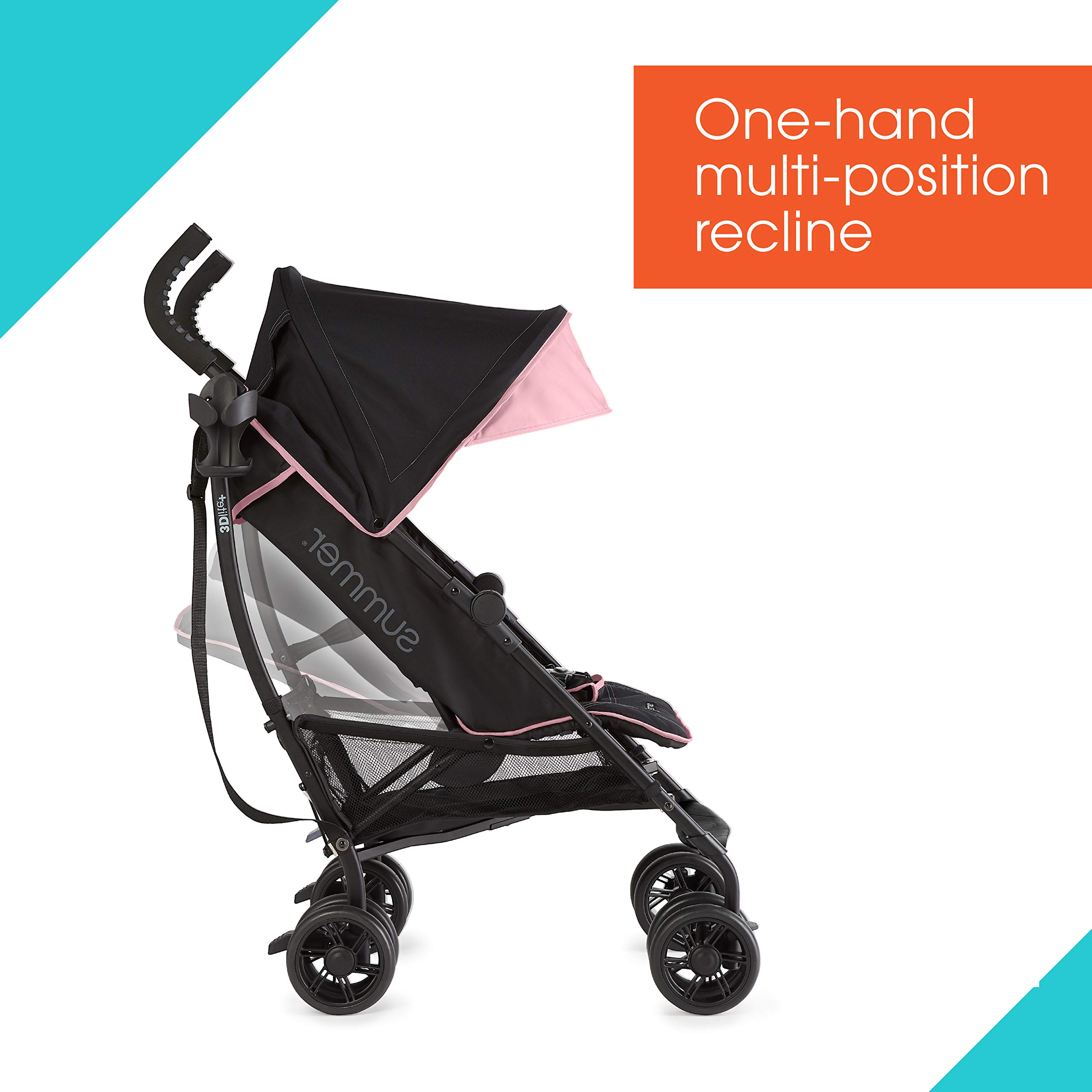 Summer Infant 3Dlite+ Lightweight Umbrella Stroller - Compact Fold, Oversized Canopy & Extra Storage | Pink/Matte Black | Perfect for Travel, Shopping & Daily Use with Baby