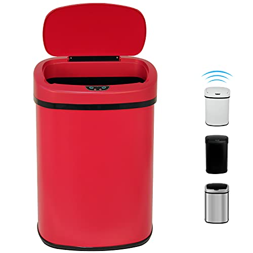 13 Gallon Automatic Touch-Free Stainless Steel Trash Can with Lid – 50L High Capacity Kitchen Garbage Bin for Home, Office, Living Room & Bedroom | Durable Brushed Metal Design, Odor Control & Hands-Free Operation (Red) – Perfect for Modern Kitchens, Offices & Eco-Friendly Waste Disposal