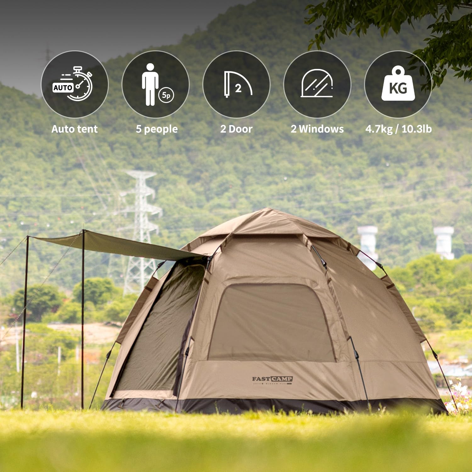 4 Person Instant Pop Up Camping Tent - Hexagonal Design with 2 Mesh Windows, 2 Doors & Rainfly - Easy Setup Family Tent for Outdoor Adventures, Backpacking, Hiking & Beach Trips