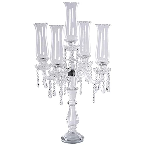 32-Inch Clear 5-Arm Crystal Glass Candelabra Hurricane Taper Candle Holder - Elegant Wedding Centerpiece, Party Decor, Holiday Table Setting, Romantic Dinner Lighting for Home & Event Decorations