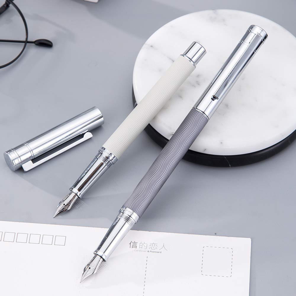 HongDian White Wave Stainless Steel Fountain Pen with Iridium Extra Fine Nib - Classic Writing Pen Includes Metal Case & Ink Converter - Perfect for Journaling, Calligraphy, and Office Use