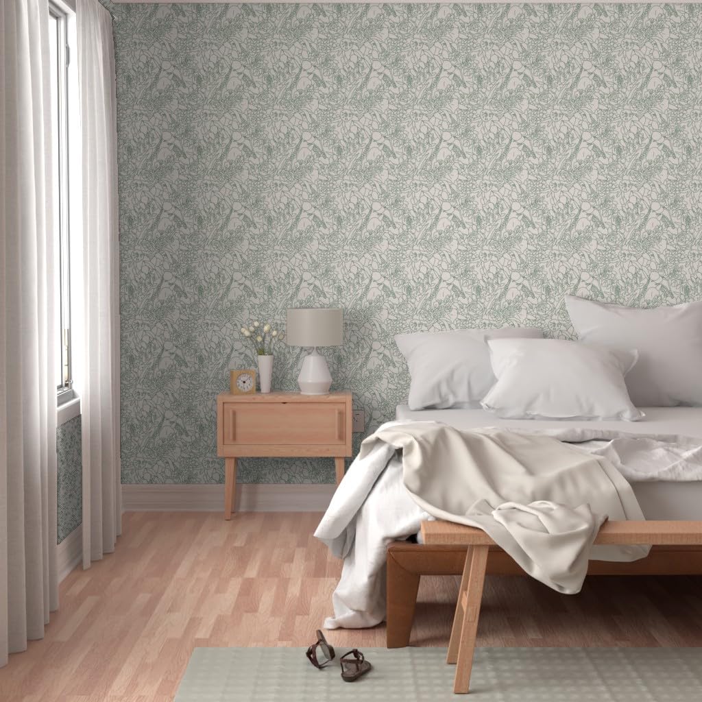 12ft x 2ft Peel & Stick Removable Wallpaper - Floral Botanical Sage Green Leaf Design by Spoonflower | Perfect for Bedroom, Living Room & Nursery Decor