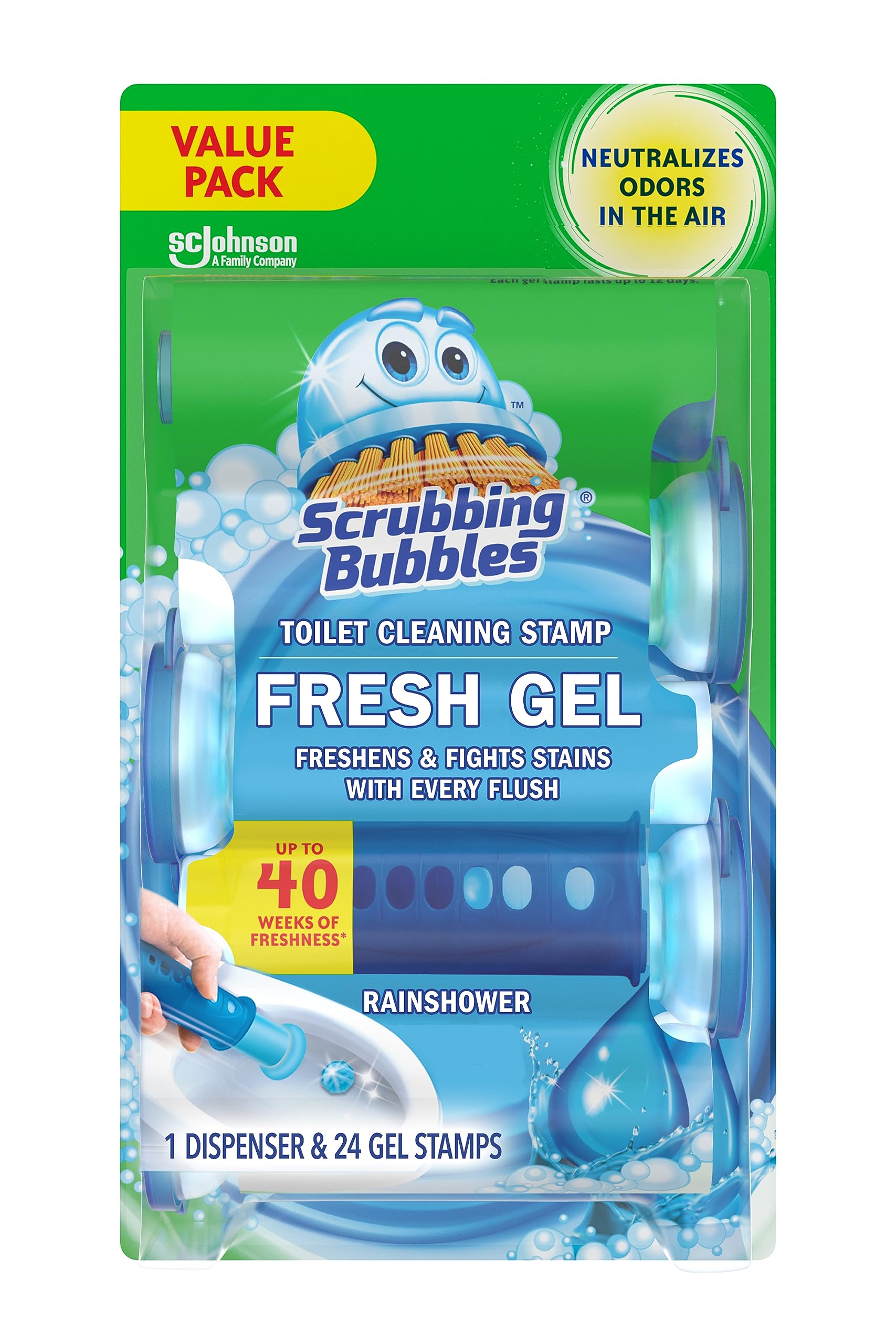Scrubbing Bubbles Fresh Gel Toilet Bowl Cleaning Stamps - 24 Pack with Dispenser | Prevents Limescale & Rings | Rainshower Scent | Keeps Toilet Clean & Fresh | Perfect for Bathroom, Restroom & Home Cleaning