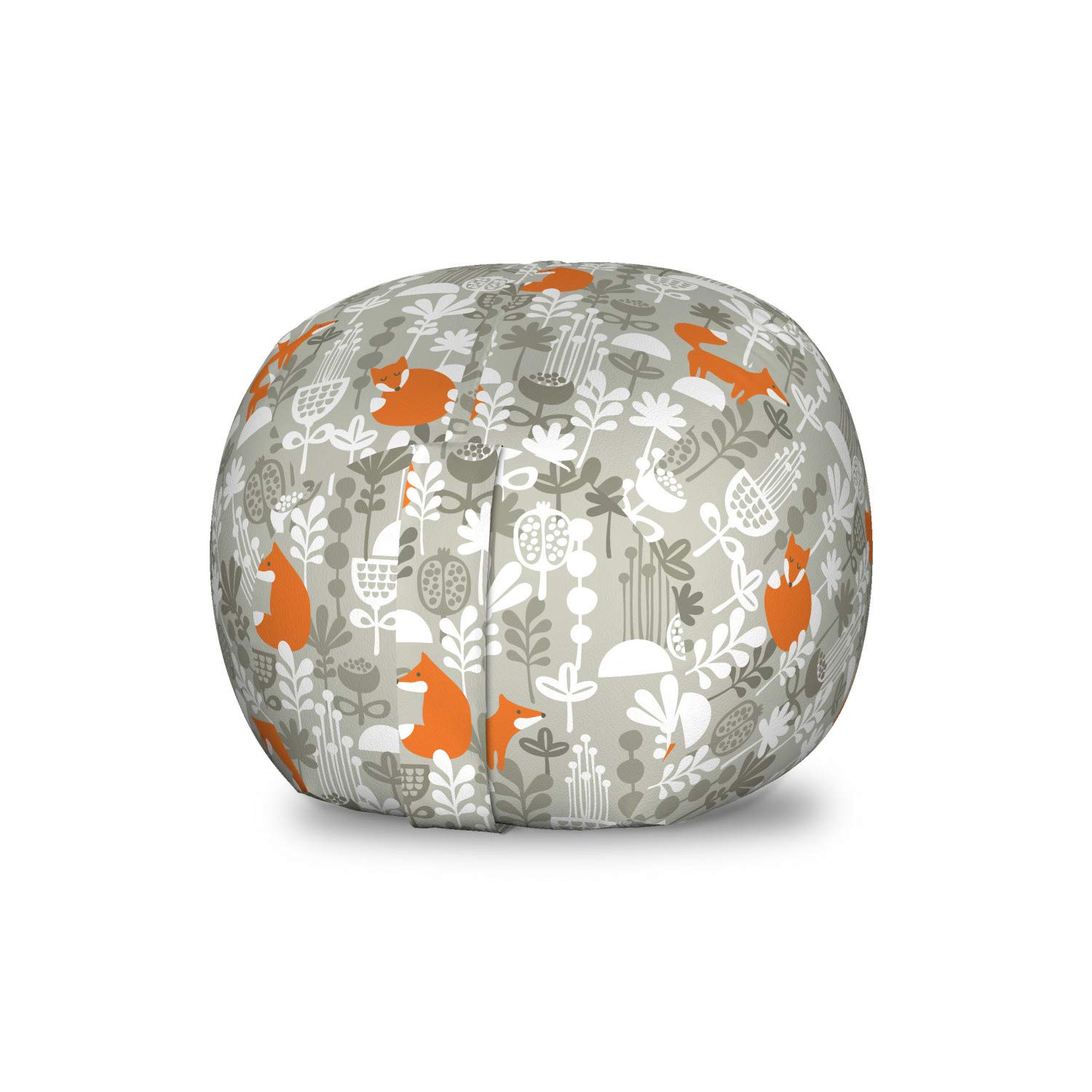 Ambesonne Fox Toy Storage Bag Chair - Small Animals European Forest Doodle Floral Design, Washable Stuffed Animal Organizer for Kids Room, Orange & White - Perfect for Nursery, Playroom & Bedroom Organization