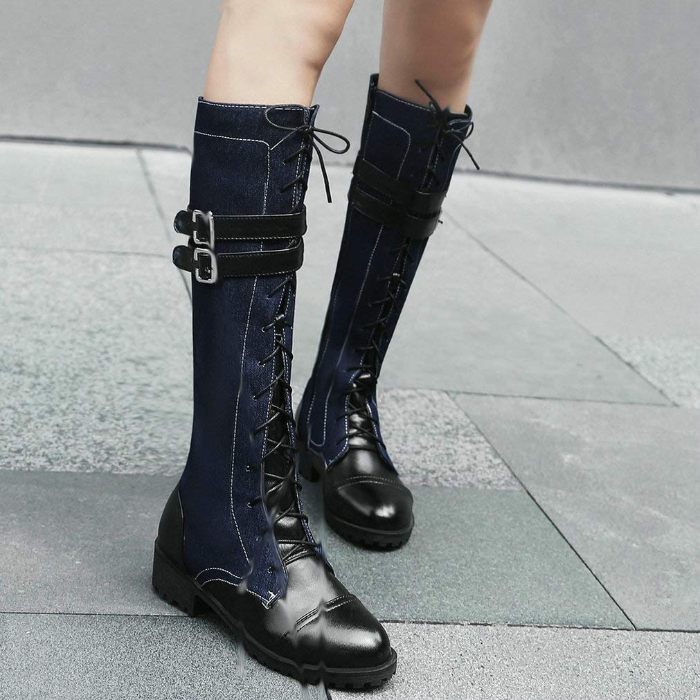 KOKOMOMO Women's Denim Knee High Boots - Low Heel Lace Up Combat Boots with Buckles for Skinny Calf | Stylish Casual & Streetwear Fashion for Everyday Wear, Outfits and Date Night