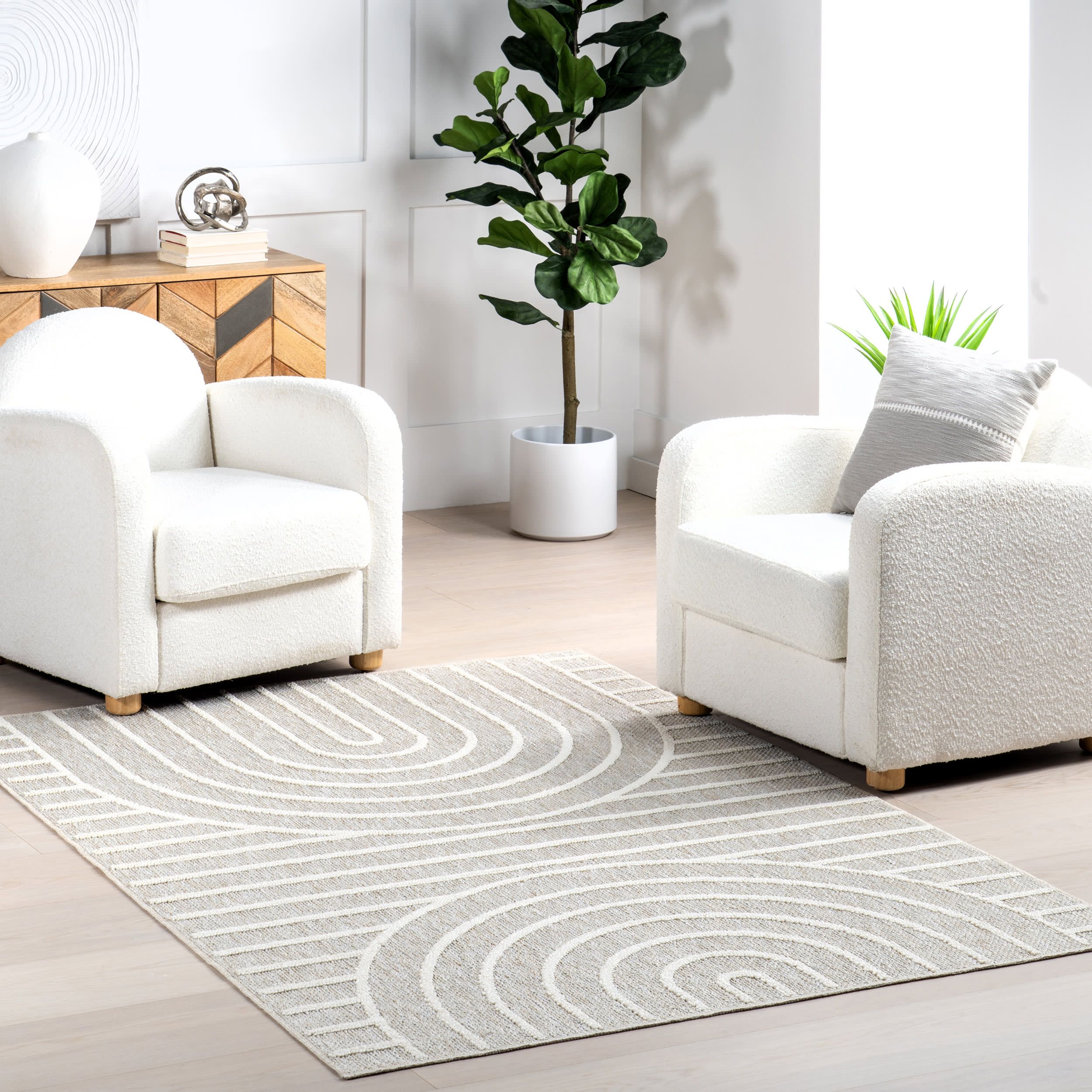 Althea Geometric Arc Washable Rug - Light Grey Modern Area Rug for Living Room, Bedroom & Home Decor