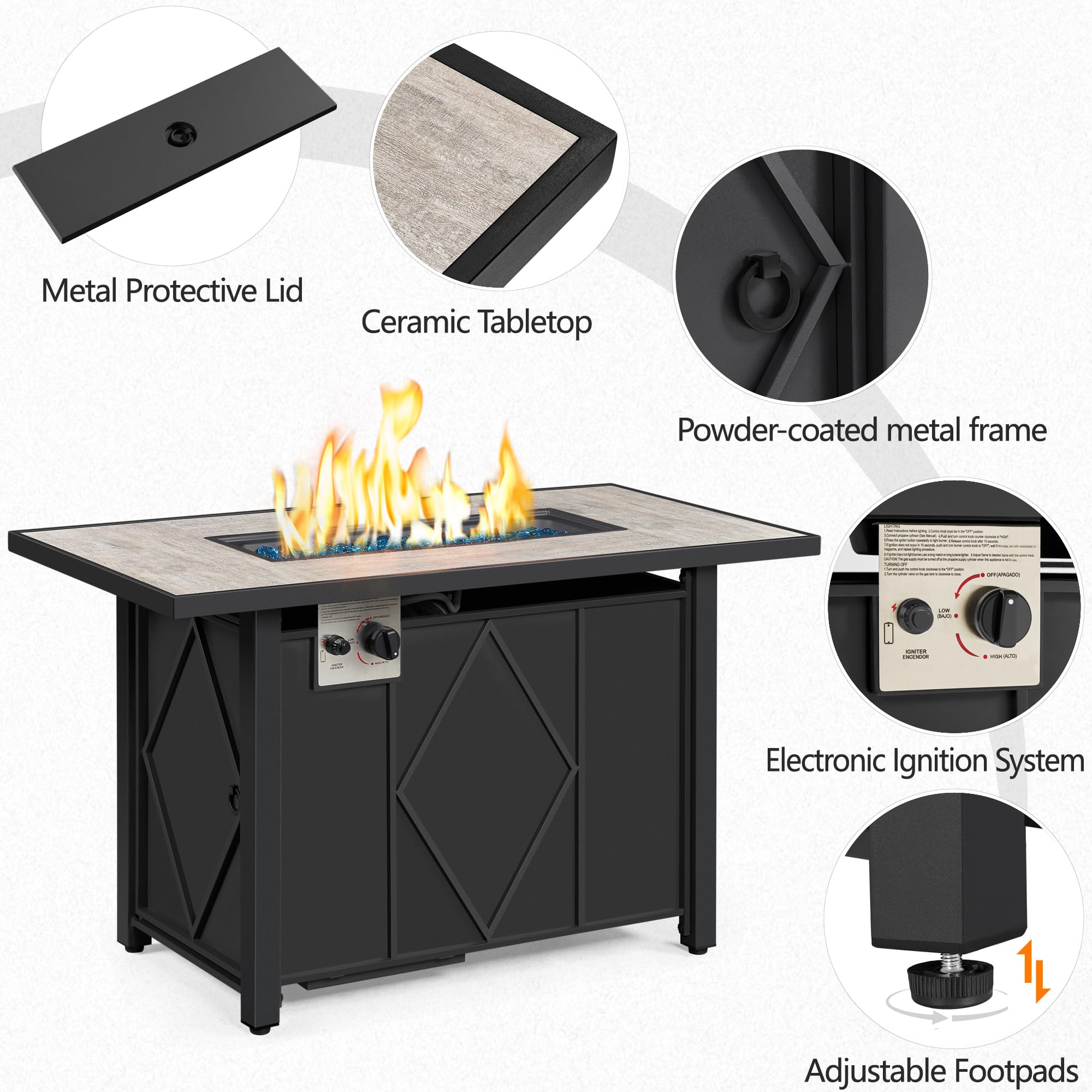 Yaheetech 43-Inch Rectangle Propane Fire Pit Table - 50,000 BTU Outdoor Gas Firepit with Ceramic Tabletop, Steel Base & Glass Fire Stones - Includes Waterproof Cover - Perfect for Patio, Backyard, Garden & Camping
