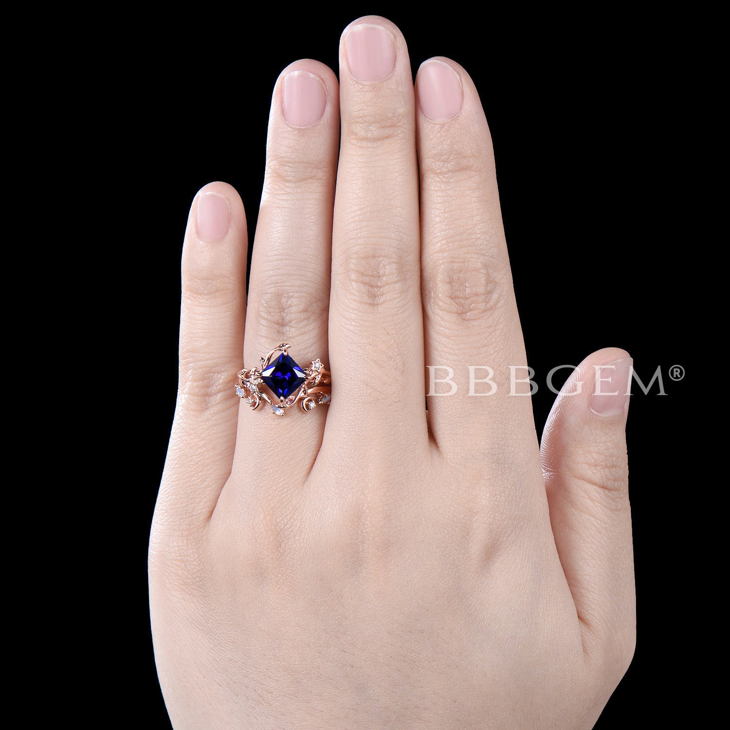 Princess Cut Blue Sapphire Engagement Ring - Moon Leaf Nature Inspired Wedding Band for Women - Perfect for Proposals, Anniversaries & Romantic Occasions