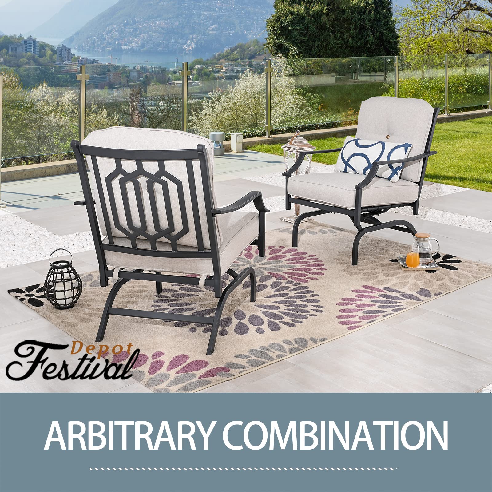 Festival Depot Patio Bistro Dining Chairs Set of 2 - Outdoor Furniture with Steel Frame, Armrests & Cushions (Beige) - Perfect for Garden, Patio, Poolside & Restaurant Use