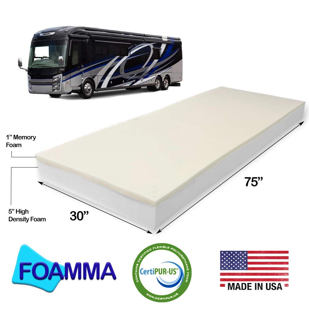 Foamma 6” x 30” x 75” Memory Foam RV Bunk Mattress Replacement | CertiPUR-US Certified | Made in USA | Comfortable Camper & Travel Trailer Bed | Perfect for RV Upgrades, Road Trips & Camping Adventures