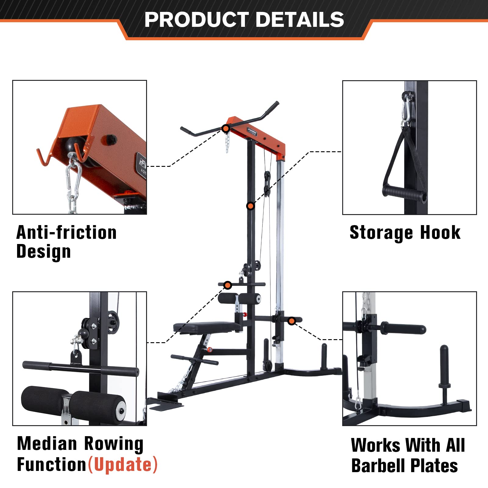 RitFit LAT Pull Down and Low Row Cable Machine - Adjustable Pulley System with Seat & Knee Support for Home Gym Strength Training | Perfect for Back Workouts, Arm Exercises and Full-Body Training