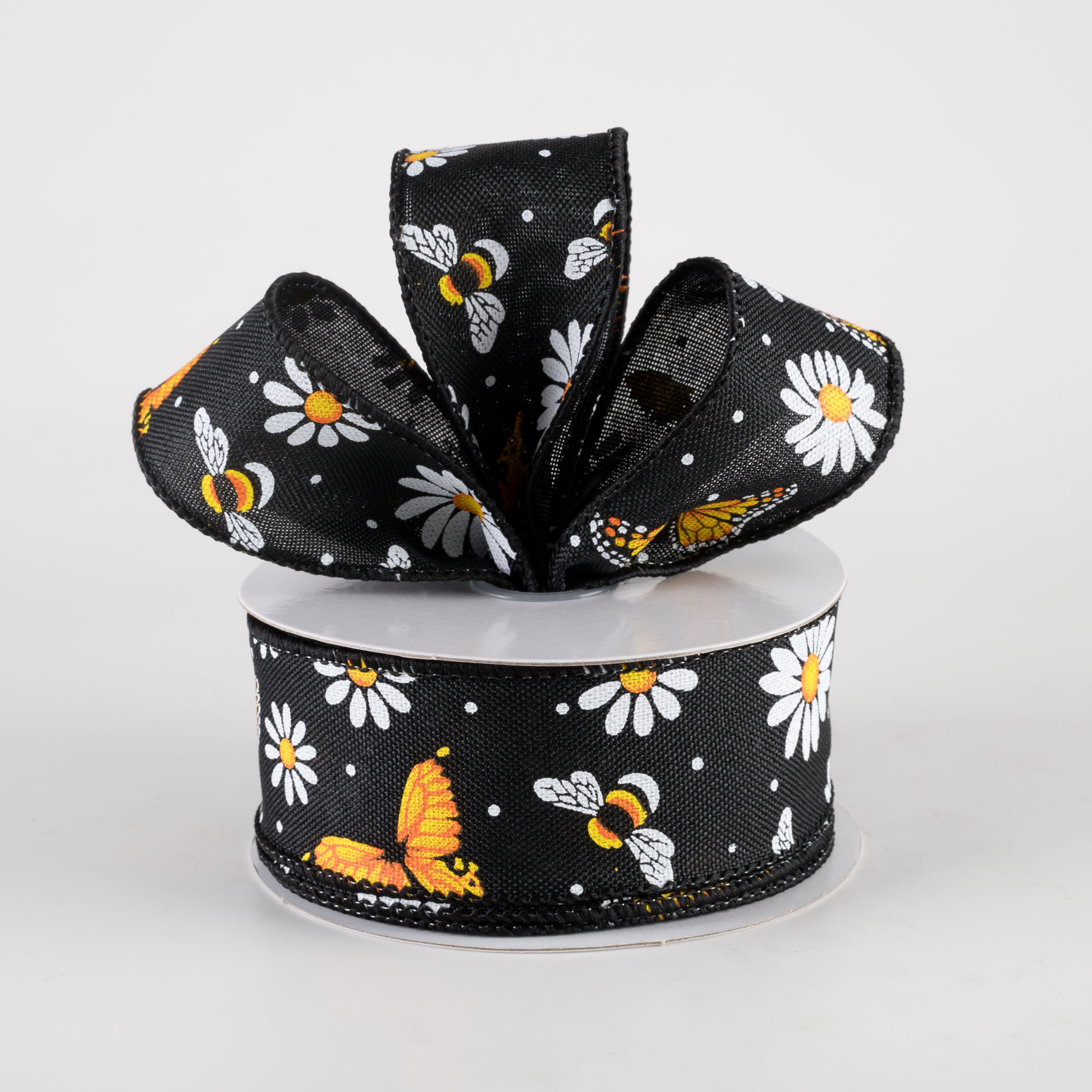 1.5 Inch Linen Butterfly Bees Daisies Ribbon - Black (10 Yards) for DIY Crafts, Gift Wrapping, and Scrapbooking