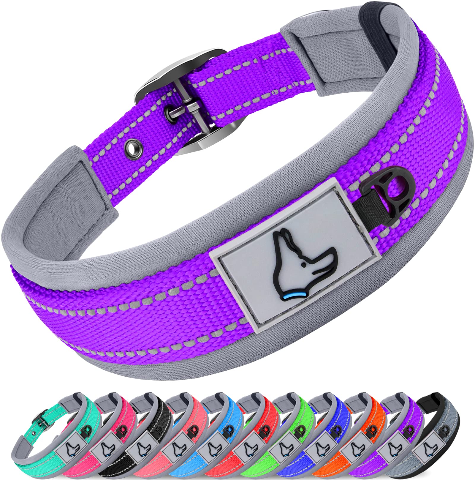 Joytale Heavy Duty Neoprene Padded Reflective Dog Collar for Large Dogs - Adjustable Pet Collar with Durable Metal Buckle, Purple, Size L - Perfect for Walking, Training & Outdoor Adventures