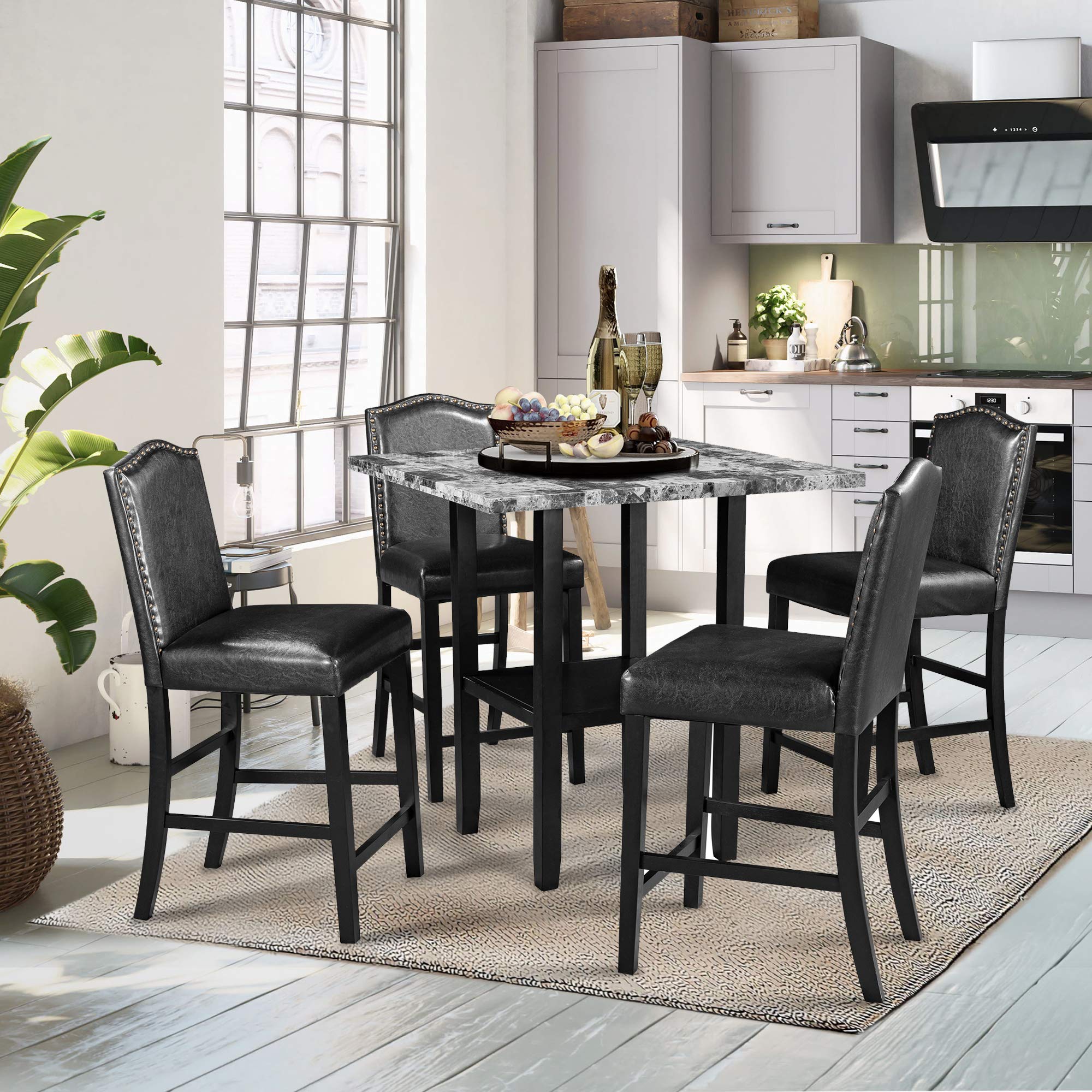 P PURLOVE 5-Piece Counter Height Dining Set - White Faux Marble Table & 4 Upholstered Chairs - Modern Kitchen & Breakfast Nook Furniture for Small Spaces