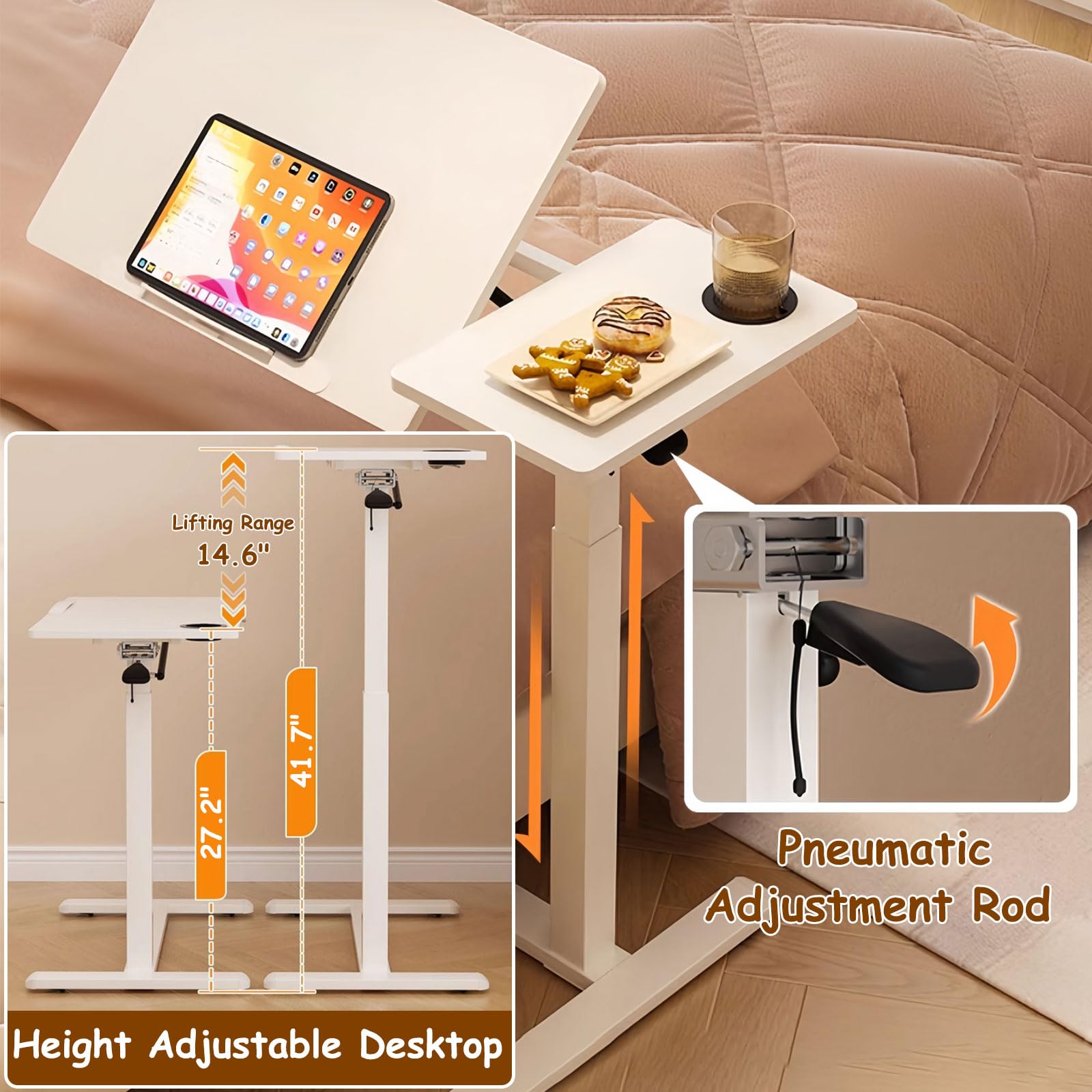Adjustable Overbed Table with Pneumatic Height & Tilting Desktop - Rolling Laptop Standing Desk for Home & Hospital Use, Folding Design with Hidden Wheels & Cup Holder - Perfect for Bedside Work, Eating, Reading & Nursing Care