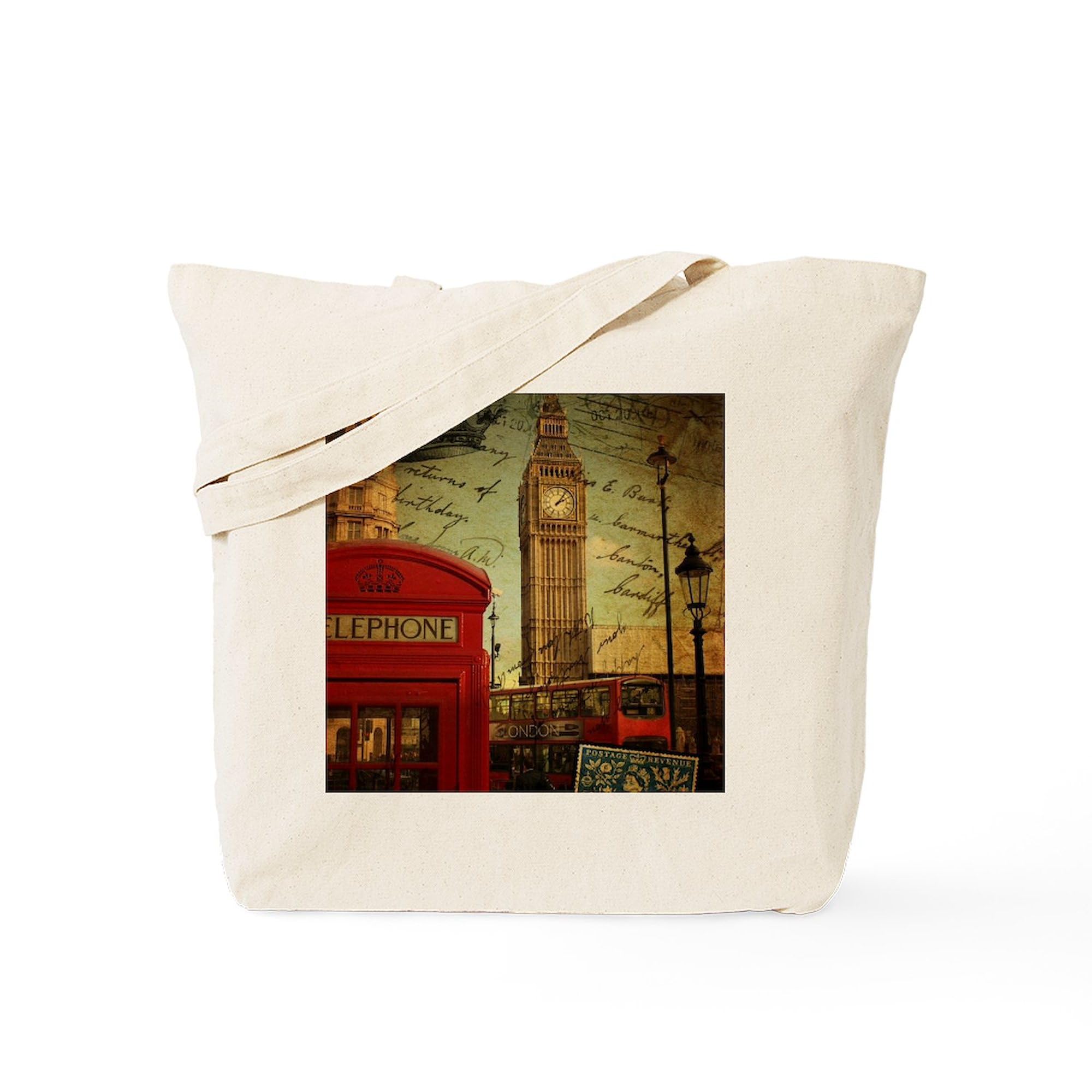 Vintage London UK Fashion Tote Bag - Natural Canvas Reusable Shopping Bag for Women, Eco-Friendly Grocery & Beach Tote with Long Handles, Perfect for Travel, Work & Daily Use