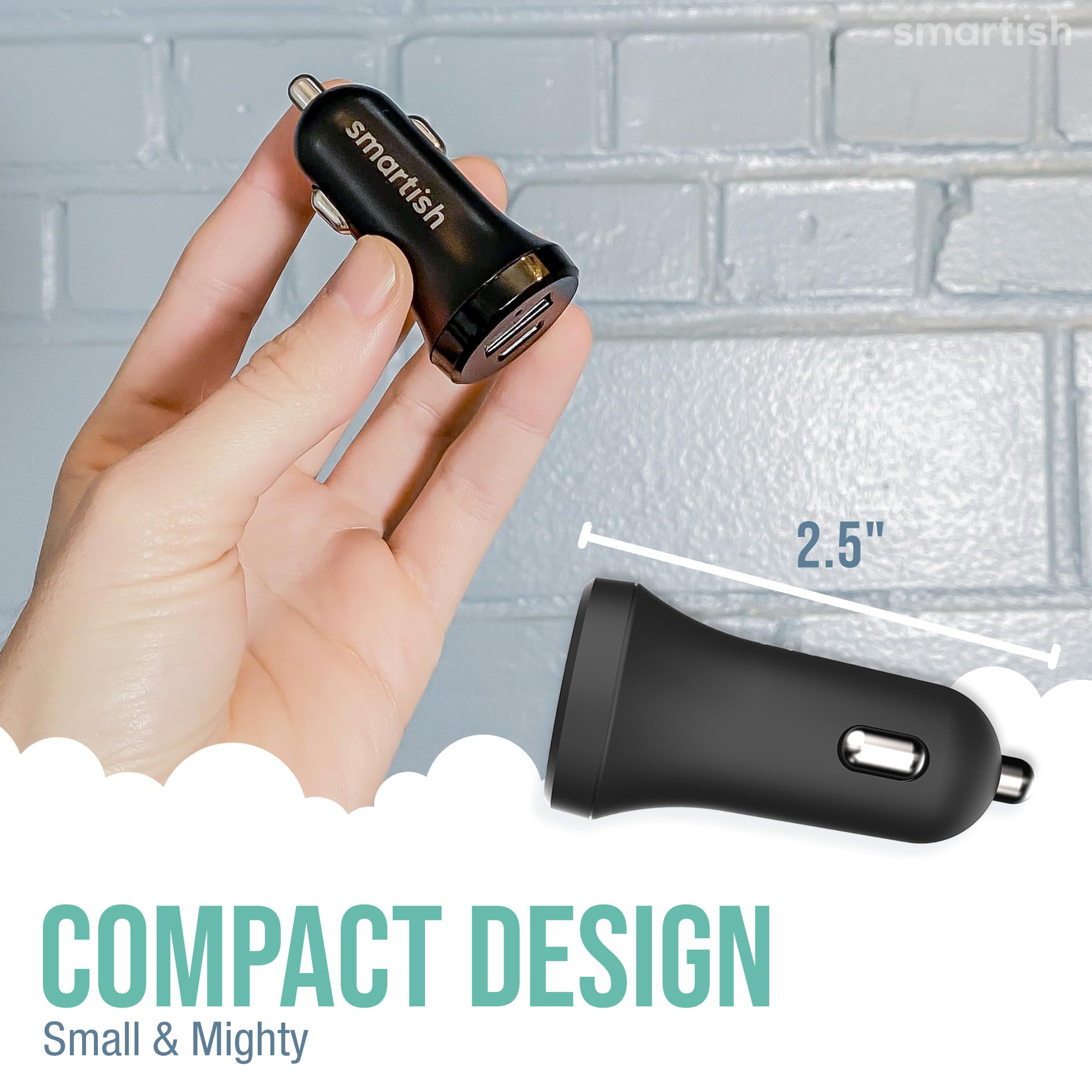 Smartish 2-Port 45W Fast USB Car Charger - 4.8A Quick Charge for iPhone 15/14/13, Samsung Galaxy, Android Phones & All USB Devices - Compact Design for Road Trips & Daily Commute (Black)