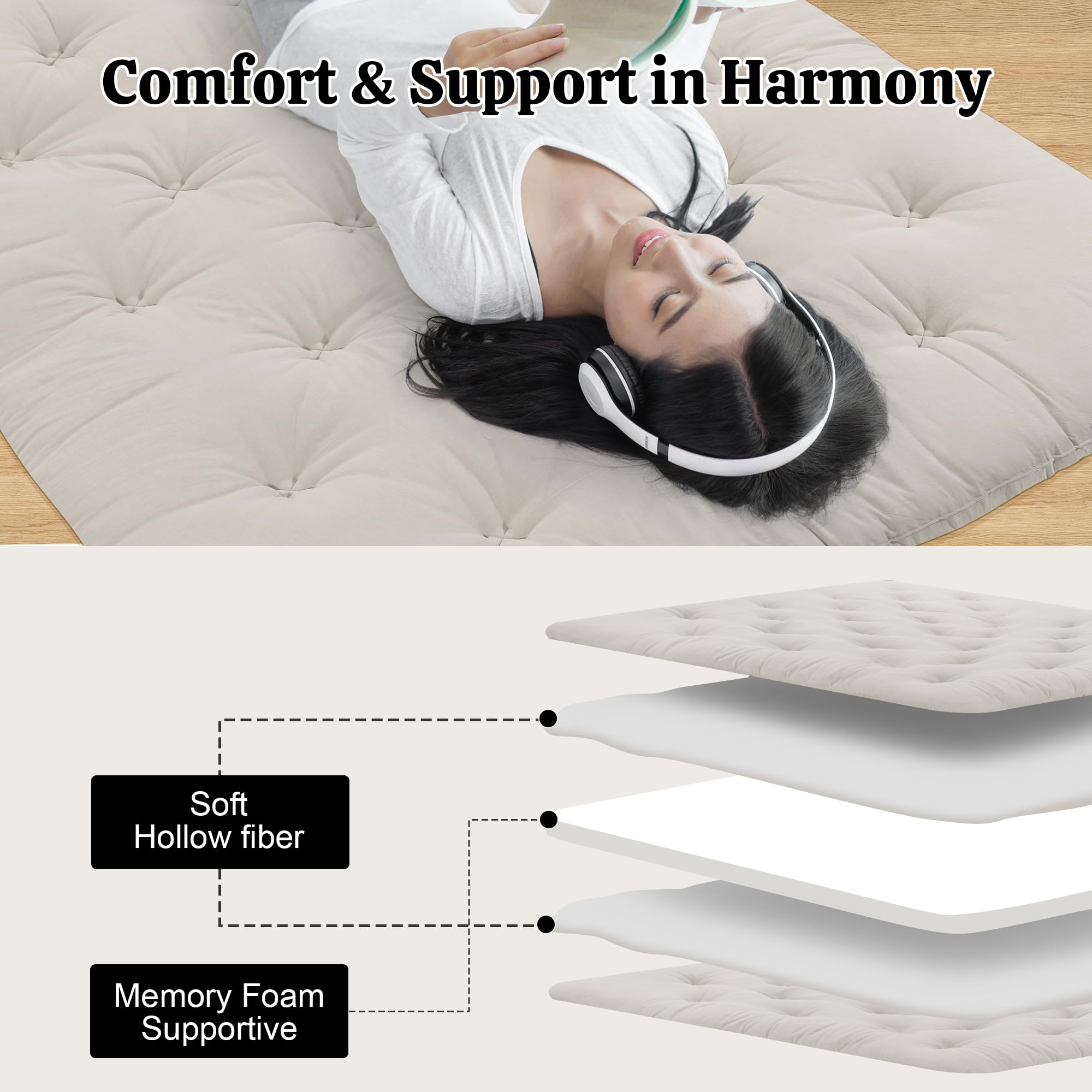HOMBYS Japanese Floor Mattress Queen Size - Foldable Tatami Mat, 100% Cotton Shell Futon Mattress for Adults & Kids | Dormitory Sleeping Pad, Roll-Up Lounger Bed (80